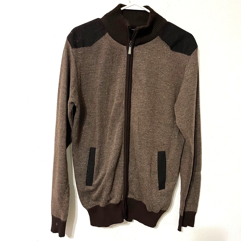 The North Pole Men's Sweater Zip Up Knitted Cardigan Medium Brown Mock Neck